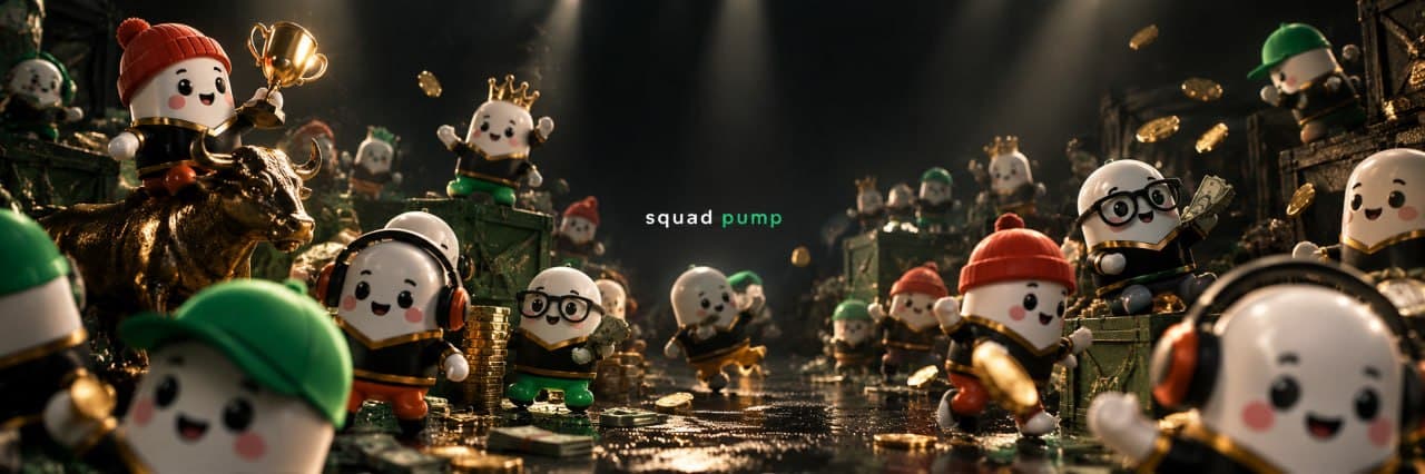 Capsule-shaped Squad mascots celebrating with coins and a trophy