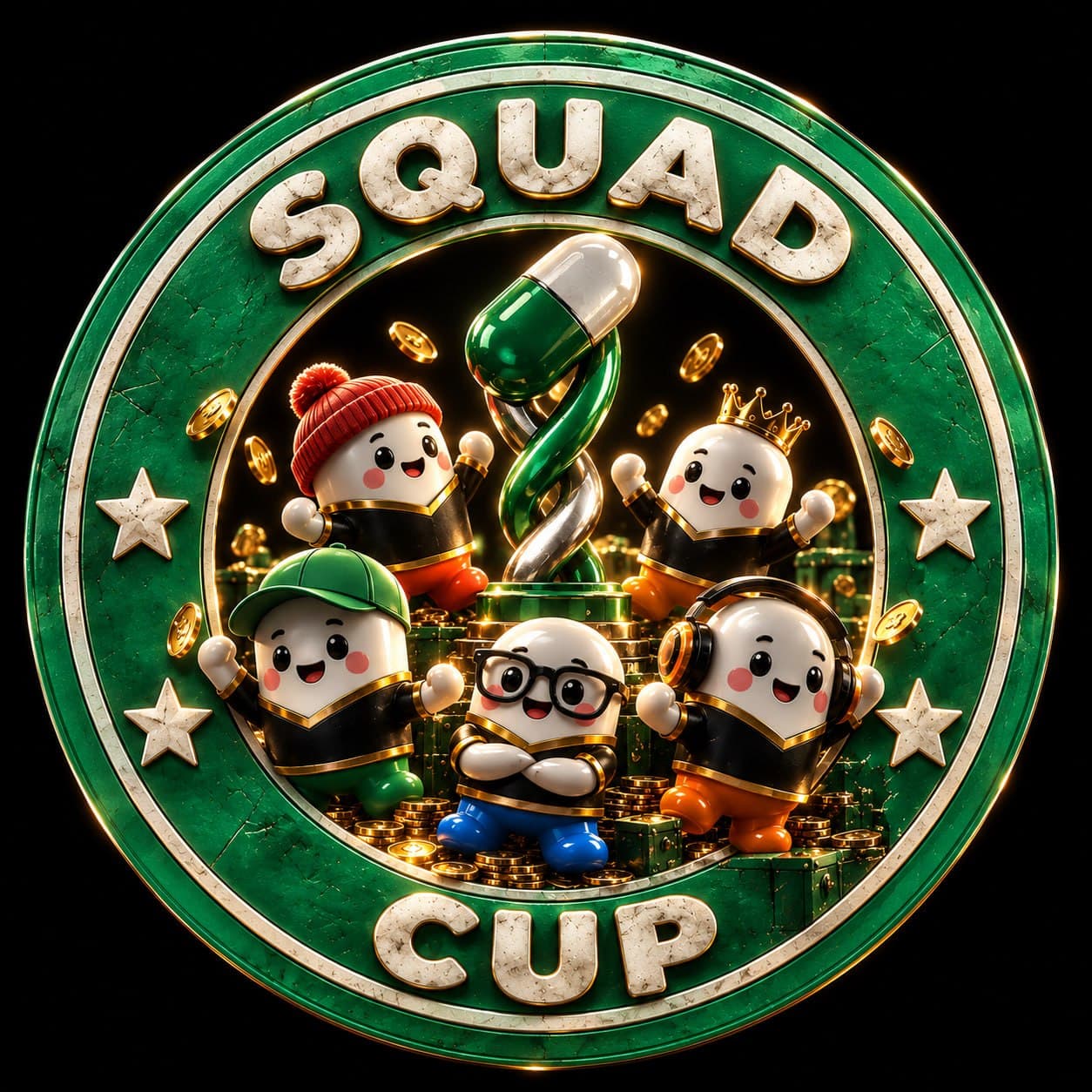 Squads Cup emblem: five capsule mascots around a capsule trophy